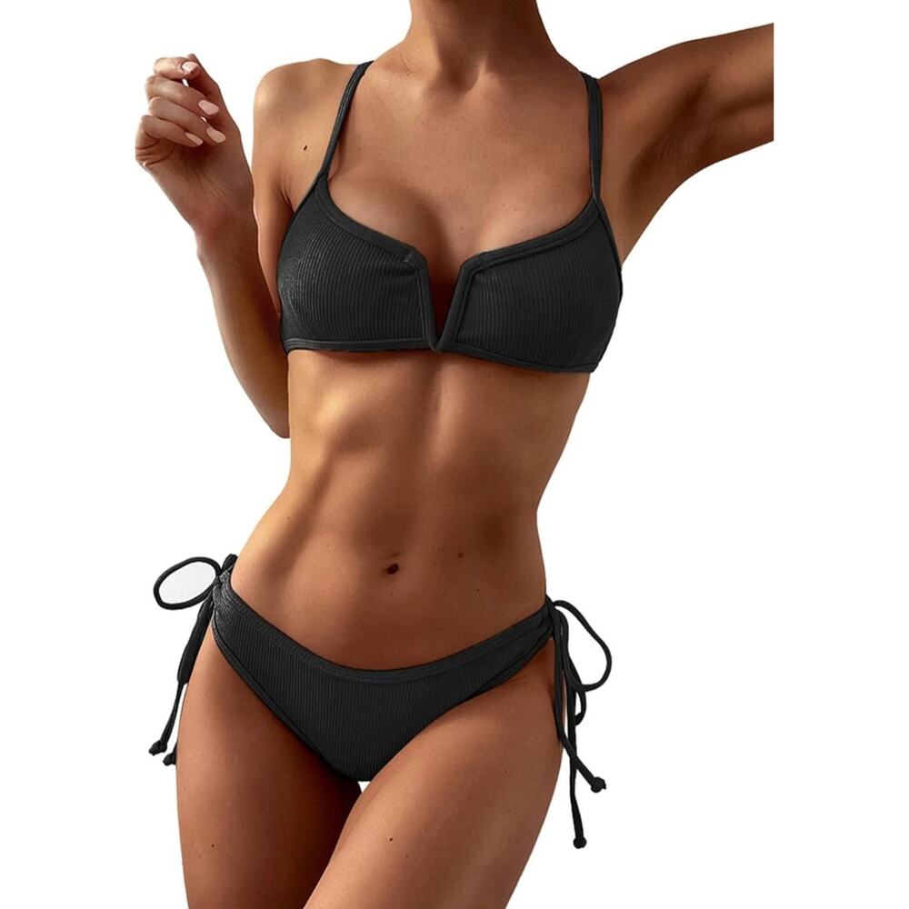 ZAFUL Womens Two Piece Bikini Set V-Wired Strappy Side Tie Swimsuit Medium